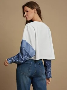 WESTFADE Mix Media French Terry & Chambray Cổ tròn Họa tiết Paisley Tay áo Boho Dáng hộp Dáng rộng Áo chui đầu dễ thương cho mùa thu, thường ngày, hòa nhạc đồng quê miền Tây - Màu be - Xem 2