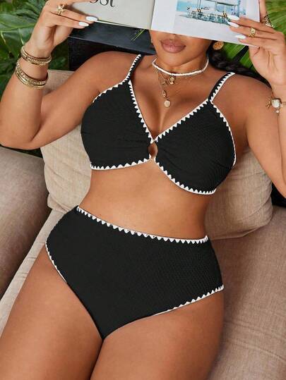 Swim Chiccia Plus Size Women 2pcs Solid Color Textured Fabric Spaghetti Strap Split Swimsuit, Casual Leisure Set For Summer Beach Vacation