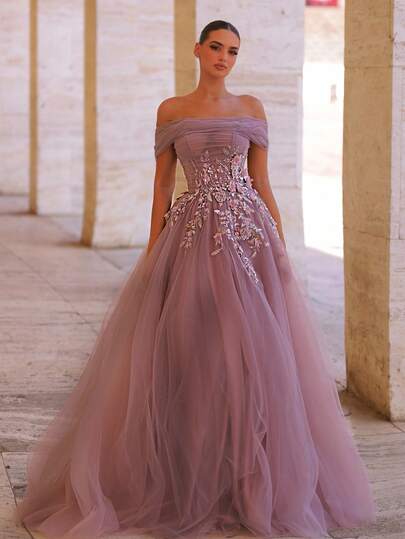 Glamrae فستان ماكسي أنيق فاخر بتصميم الكتف المكشوف مزين بالتطريز والدانتيل والشبك ذو تنورة منتفخة، مناسب للحفلات الزفاف والمناسبات الرسمية والسهرات والعطلات (تطريز ثقيل)