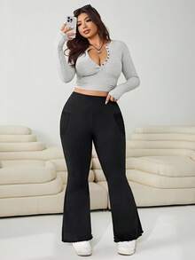 SHEIN CURVE+ 大码女装秋冬返校休闲家居服瑜伽舒适户外纯黑色针织弹力腰高腰口袋喇叭裤，带口袋打底裤 - 黑色 - 查看 5