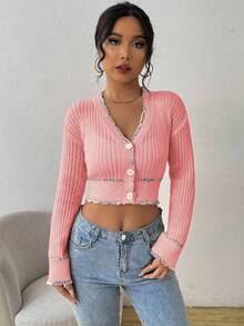 EMERY ROSE Women's Autumn Dropped Shoulder Long Sleeve Cropped Elegant Knitted Cardigan - Baby Pink - View 5