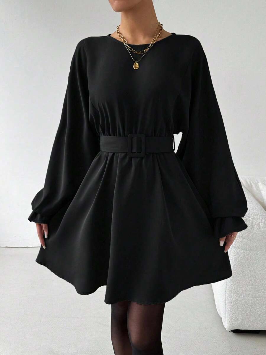 Rafferiza Vestido midi casual de unicolor con mangas con volantes y cintura con lazo