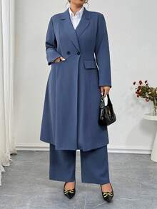 Elenzga Plus Size Stiff Fabric Blazer Jacket Long Sleeve Lapel Collar Real Pockets Decoration Single-Breasted + Straight Elastic Waist Pants 2 Pieces Set, Suitable For Commuting, Outing, Party, And Dating