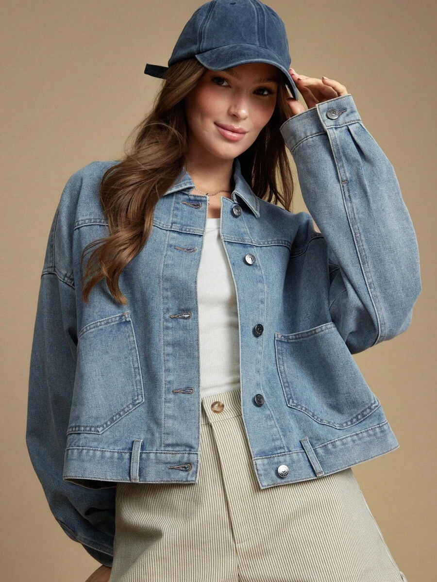 WESTFADE 翻领纽扣前襟贴袋宽松短款棉混纺牛仔外套，休闲可爱乡村西部风秋季波西米亚风 - 淺色水洗藍 - 查看 1