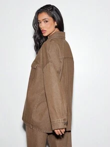 Denimoi Long Sleeve Button Front Collared Washed Denim Top - Brown - View 4