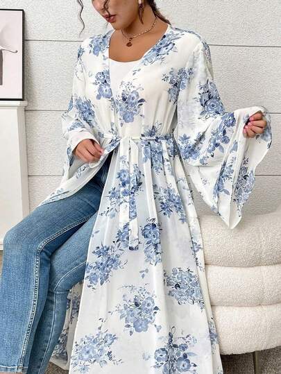 Al Najma Plusstorlek Kvinnor Casual Lös Midja Knytband Abaya Robe