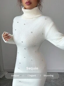 Rafferiza Elegant Women's Off-White Autumn Sweater Dress,High-Neck Long-Sleeved Woolen Diamond-Studded Cinched Waist Dress For Dinner Date Christmas Casual - Beige - View 6