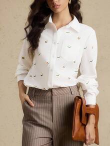 Briarwyn 女士秋季四季服装复古风格休闲通勤牛油果印花长袖衬衫、返校装、办公室装 - 白色 - 查看 7