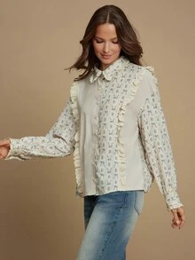 WESTFADE Mixed Media Striped Floral Bow & Railroad Stripe Printed Collared Button Front Relaxed Boxy Fit Ruffle Button Up Shirt Casual Cute Fall Boho Top Country Western Wear Concert Outfit