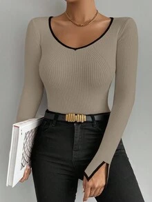 Celisse Black Trim, Slit Cuff, Casual Fitted Women Sweater - Multicolor - View 6