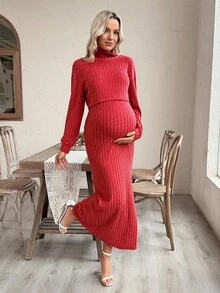SHEIN High Neck Drop Shoulder Long Sleeve Top And Suspender Dress Maternity 2 Pieces Set - Red - View 1