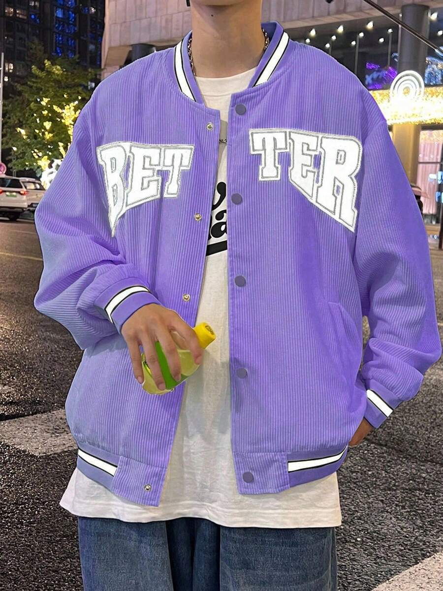 Claim Dot 宽松版型男式字母图案条纹落肩灯芯绒运动夹克，秋冬 - 紫色 - 查看 1