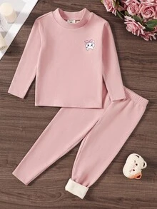 SHEIN Tween女孩修身休閒簡約舒適貓咪圖案T恤與秋季長褲睡衣套裝 - 粉色 - 查看 3