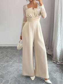 Elenzga 女式花卉刺绣网眼拼布长袖褶皱腰阔腿优雅连体裤 - 杏色 - 查看 6