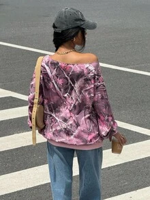 Muchica Sudadera de mujer con estampado retro de hombros descubiertos en color rosa, de uso casual para otoño/invierno