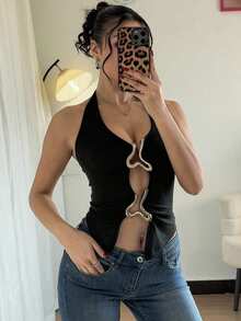 Chiquease Women's Solid Color Tie-Up Metal Accessory Slit Front Tank Top - Black - View 6