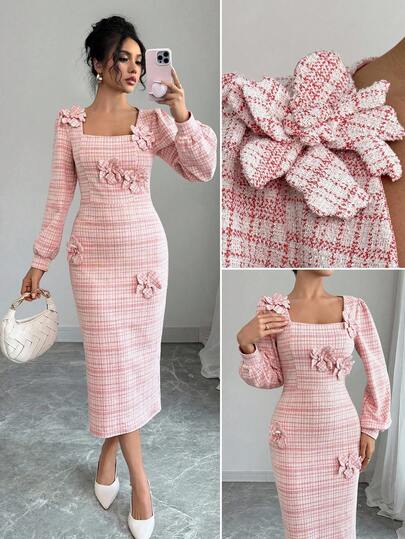 Elenzga Women's Elegant Square Neck 3D Floral Midi Dress