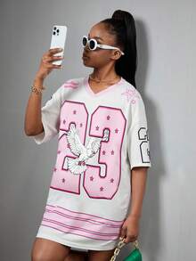 SHEIN Y2K Teen Girls Pink Polyester Short Drop Shoulder Sleeve V Neck Dress With Cute Cartoon Pattern - Pink - View 4