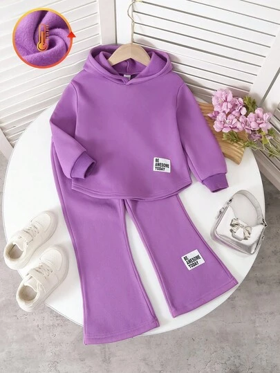 Genkimix Kids 2pcs/Set Girls Purple Hoodie Sweatshirt With Tail Design & Flared Pants, Solid Color, Patch Decor, Suitable For Family Gathering, Outings, Back To School, Spring & Autumn Fall Winter