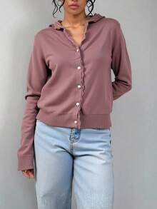 Cardigan de punto para mujer - sueter con capucha, tejido suave y cálido con detalles de encaje delicado en la capucha y el cierre, botones decorativos de aspecto de perla - Estilo elegante casual con toque romántico - Ideal para uso diario y capas en primavera y otoño - Marrón - Ver 5