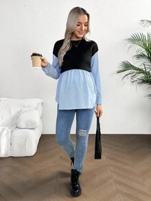 SHEIN Striped Patchwork Casual Maternity Sweatshirt - Black - View 3