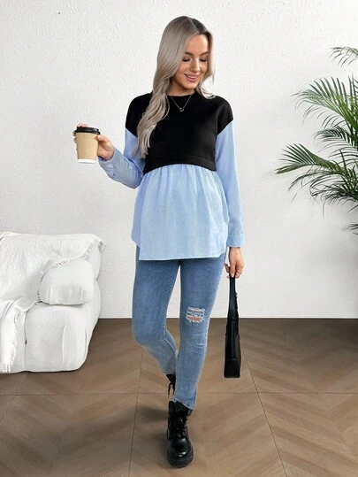 SHEIN 条纹拼布休闲孕妇卫衣