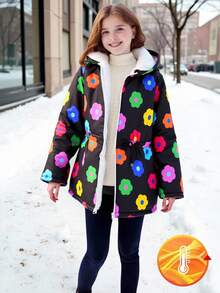 Abrigo con capucha de piel sintética con estampado floral colorido casual para niñas, adecuado para uso diario y para ir al trabajo, otoño/invierno - Multicolor - Ver 1