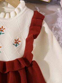 SHEIN 婴儿/女宝宝时尚刺绣荷叶边针织长袖毛衣裙，秋冬