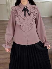 SHEIN 少女优雅宫廷风纯色彼得潘领荷叶边袖休闲长袖衬衫，粉色 - 粉色 - 查看 6