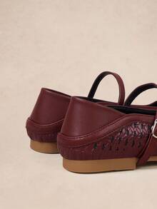 女士圆头编织+PU拼布平底一脚蹬鞋 - 酒紅色 - 查看 9