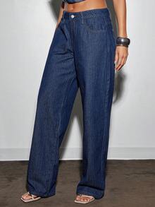 Denimoi Stripe Denim Classic Straight Leg Jeans, Fashionable