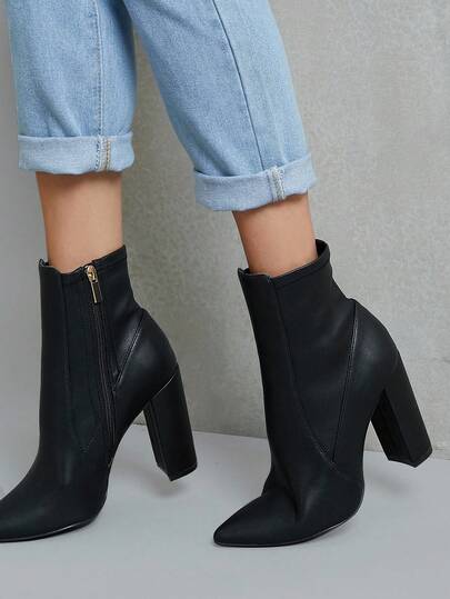 Hauture Pointed Toe Side Zip Chunky Heel Sock Booties Spring Shoes Spring Break Easter For Christmas