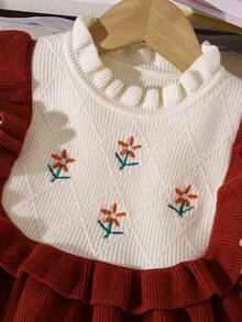 SHEIN 婴儿/女宝宝时尚刺绣荷叶边针织长袖毛衣裙，秋冬