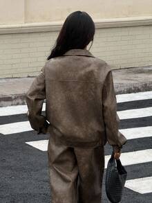 Muchica 2025 New Arrive Fall/Winter Women Brown Vintage Distressed Loose PU Leather Jacket For Going Out,Streetwear - Brown - View 2