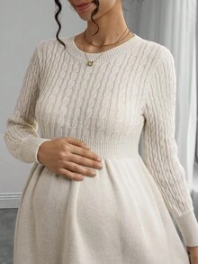 Momance Solid Color Waist Twist Knit Sweater Dress, Maternity Long Sleeve A-Line Knitted Dress For Autumn/Winter - Beige - View 7
