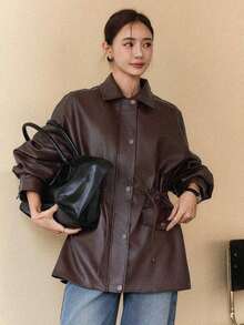 Dazy-Less Women's Loose Casual City Style Faux Leather Jacket, Autumn/Winter