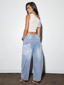 Denimoi 女式口袋喇叭休闲宽松牛仔裤 - 淺色水洗藍 - 查看 4