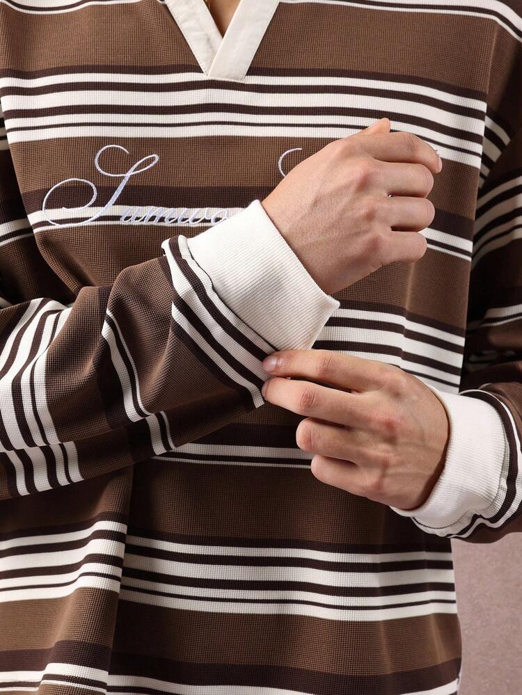 Boxy Fit Long Sleeve Striped Polo With Embroidered Script
