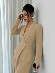 Elenzga Bộ vest hai mảnh cổ chữ V ve áo thanh lịch, tay dài, thiết kế độc đáo, thắt lưng, cài nút, cao cấp và quần ống rộng ống đứng, phù hợp cho việc đi làm vào mùa thu - Màu Khaki - Xem 4