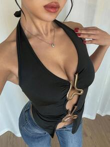 Chiquease Women's Solid Color Tie-Up Metal Accessory Slit Front Tank Top - Black - View 3