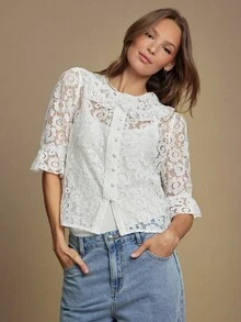 WESTFADE 花卉钩编蕾丝荷叶边领口纽扣前襟短泡泡袖宽松上衣，适合秋季、冬季穿着，波西米亚风、可爱风、西部风，适合纳什维尔乡村音乐会等场合