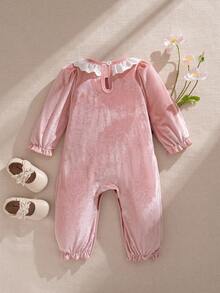 Souflis Souflis 1件装女婴秋季新款丝绒花卉领连体衣，可爱婴儿连体衣，时尚休闲百搭室内外皆宜，泡泡袖女婴连体衣，春秋冬季女婴服装 - 粉色 - 查看 3