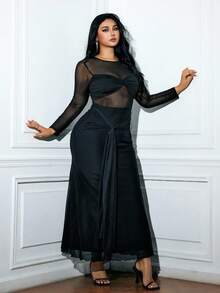 Viva Relle Rochie de seară pentru femei de mărime mare, cu guler rotund, mânecă lungă, model Patchwork, cu nod răsucit, sexy, cu tiv în formă de coadă de pește