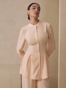 Graceveil 女士粉色长袖束腰衬衫和高腰松紧腰阔腿裤两件套 - 珊瑚粉 - 查看 6