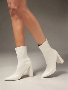 SHUZIA Women's Minimalist Comfortable Sexy Pointed Toe Chunky Heel Ankle Booties - Beige - View 2
