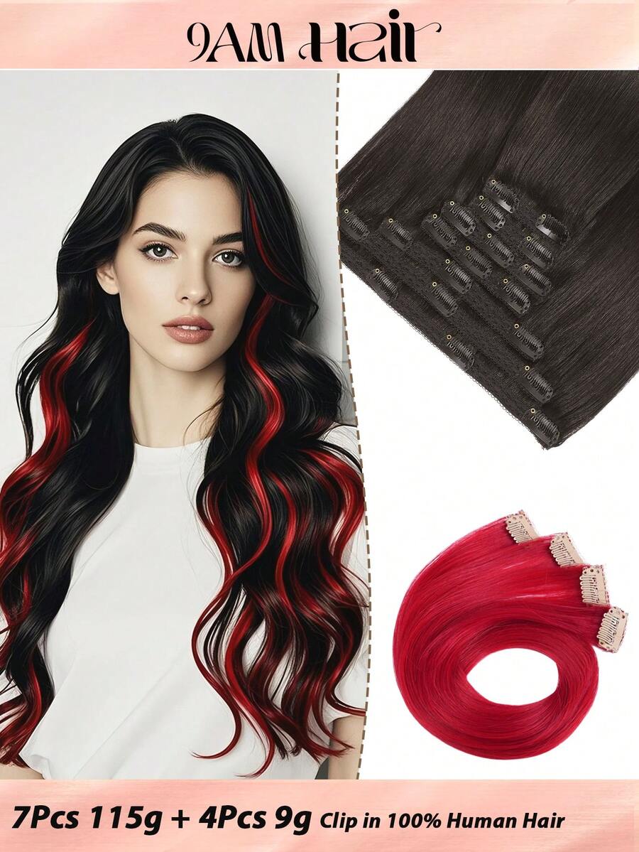 SMART&MATCH 7PCS With 20 Clips Color 1B# Natural Black 115G And 4PCS RED Colored Straight Clip In Hair Extensions 100% Real Human Hair 18 Inch Double Weft Invisiable Clip Hair Extensions Remy Natural Human Hair Highlight Colorful For Women /Girls Daily Use - S1B+RED - View 1