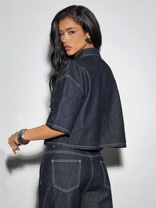 Denimoi 领口纽扣前开襟宽松牛仔上衣 牛仔上衣 牛仔上衣 时尚牛仔 - 深色水洗藍 - 查看 2