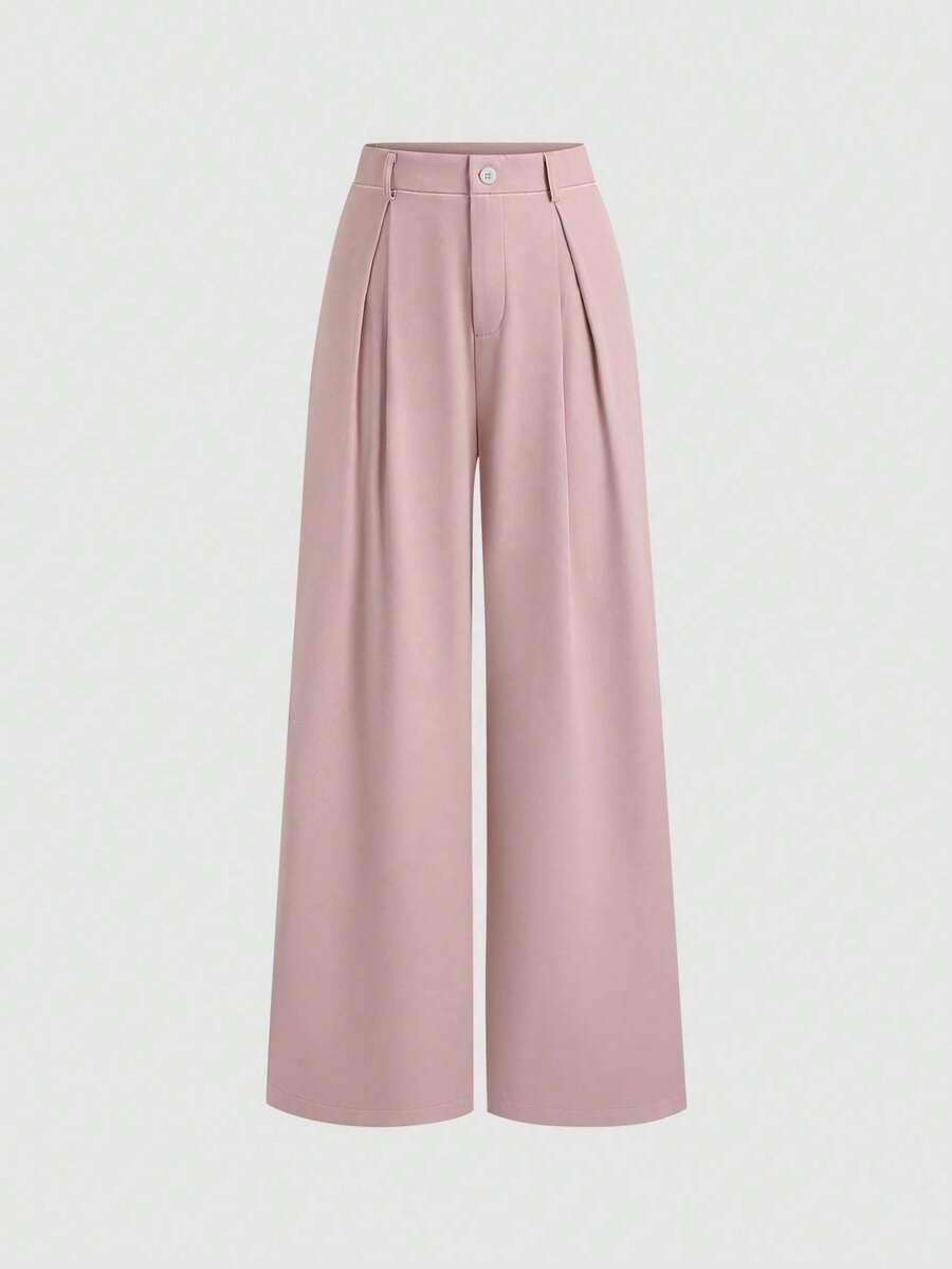 SHEIN PETITE Plus Size Pleated Detail Versatile Office Pants - Pink - View 1