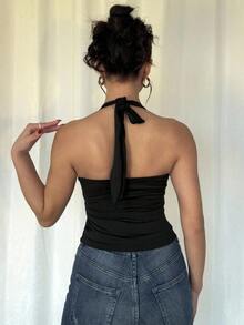 Chiquease Women's Solid Color Tie-Up Metal Accessory Slit Front Tank Top - Black - View 2