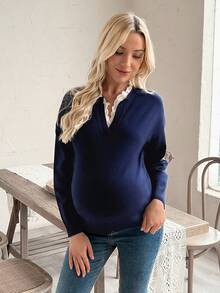 SHEIN كنزة صوفية محبوكة بلون واحد للحوامل، كنزة صوفية فضفاضة أنيقة مزينة بالدانتيل على شكل V للخريف/الشتاء - أزرق بحري - مشاهدة 5